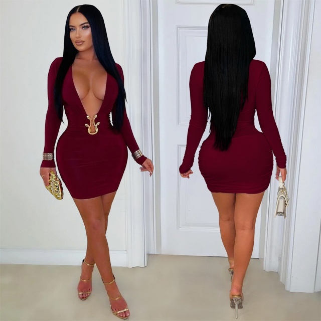Deep V Neck Long Sleeve Bodycon Dress