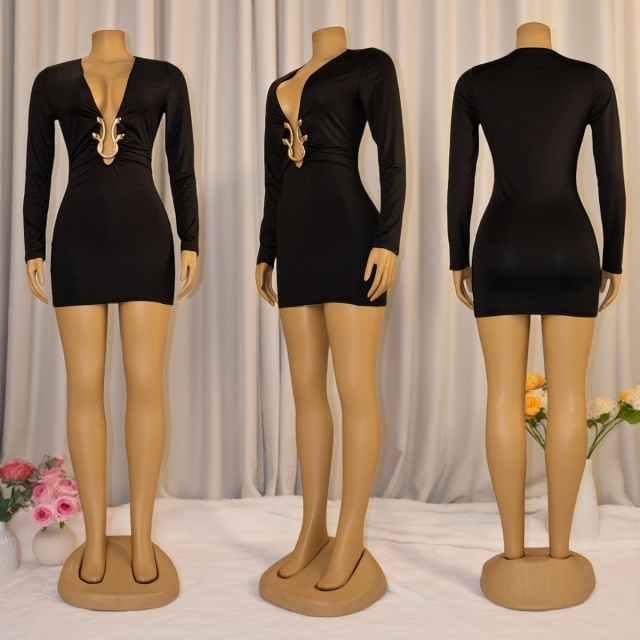Deep V Neck Long Sleeve Bodycon Dress