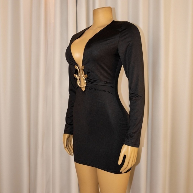Deep V Neck Long Sleeve Bodycon Dress