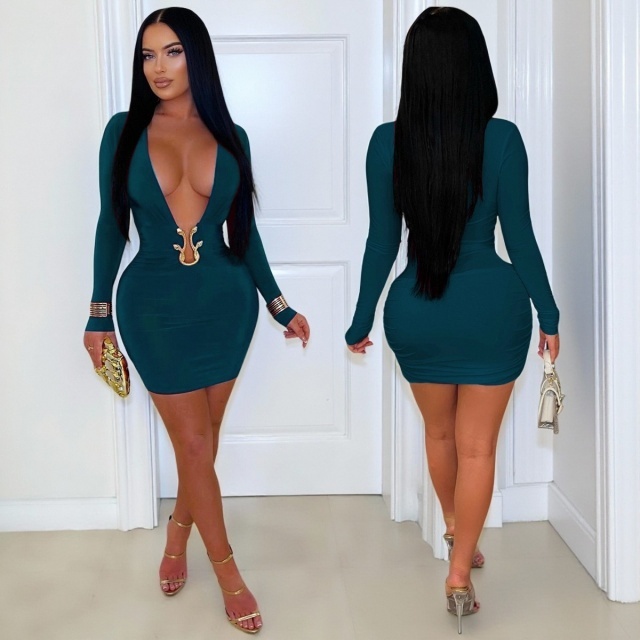 Deep V Neck Long Sleeve Bodycon Dress
