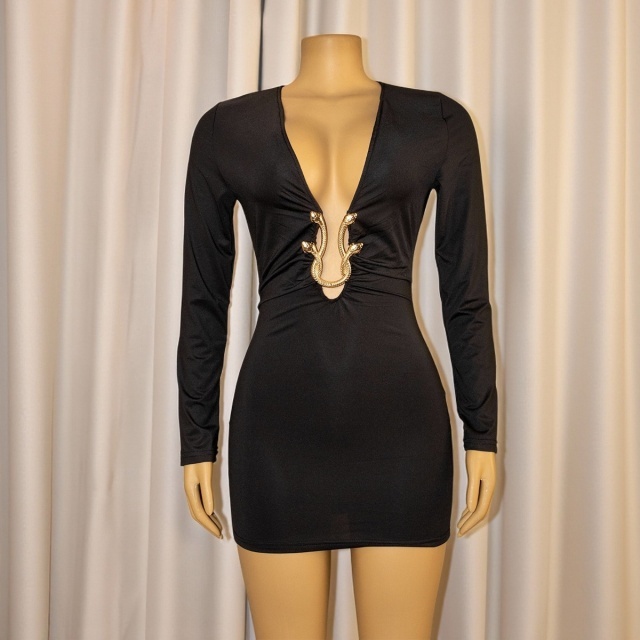 Deep V Neck Long Sleeve Bodycon Dress