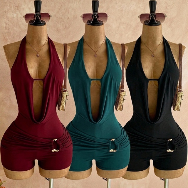 Solid Color Plunging V Neck Backless Romper