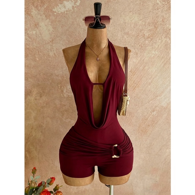 Solid Color Plunging V Neck Backless Romper