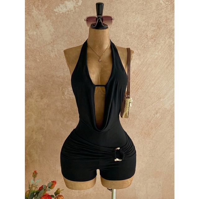 Solid Color Plunging V Neck Backless Romper