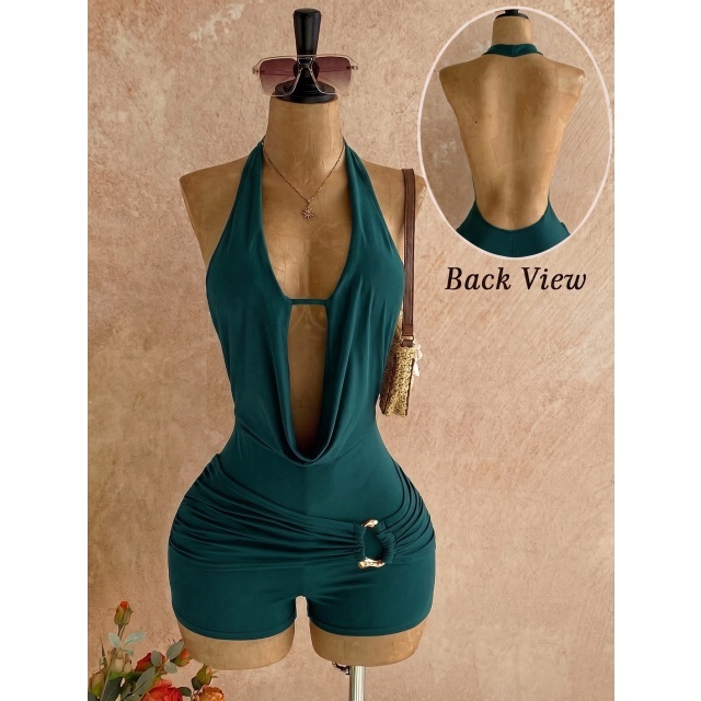 Solid Color Plunging V Neck Backless Romper