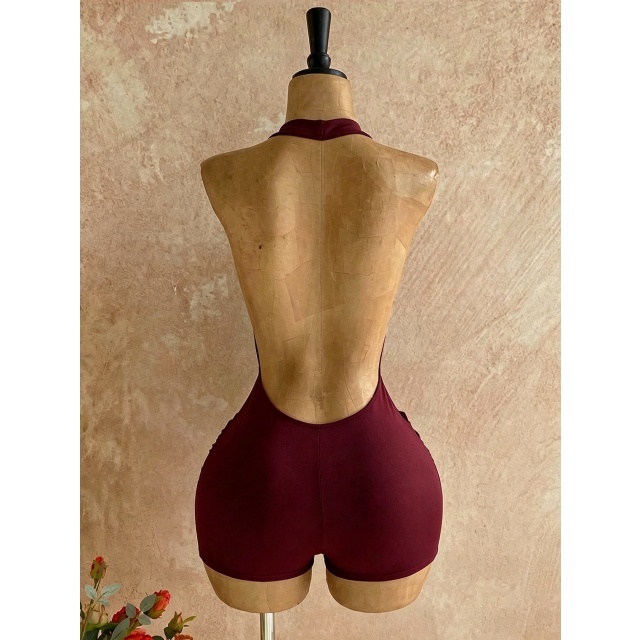 Solid Color Plunging V Neck Backless Romper