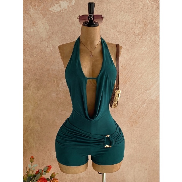 Solid Color Plunging V Neck Backless Romper