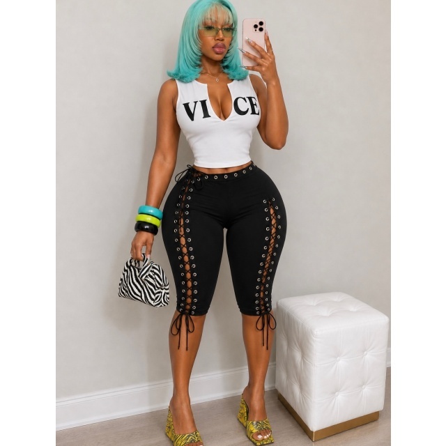 V Neck Sleeveless Tank Top Hollow Out Laced-up Midi Pant Set