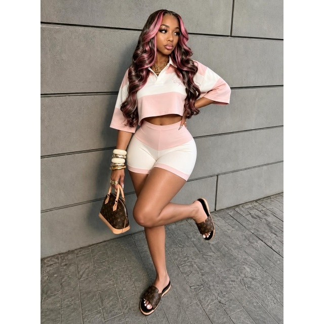 Color Block Striped Polo Crop Top Fitted Short Set