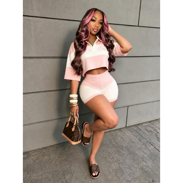 Color Block Striped Polo Crop Top Fitted Short Set