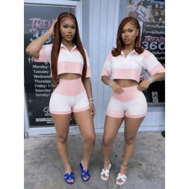 Color Block Striped Polo Crop Top Fitted Short Set