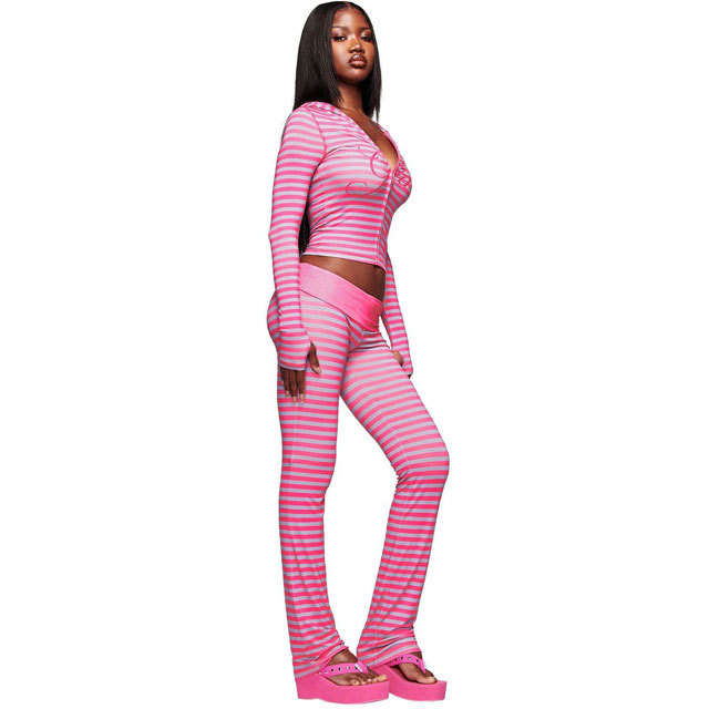 Fashion Striped Hooded Top Casual Pants Suit
