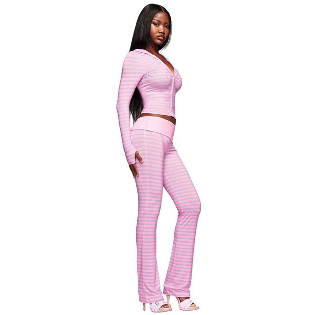 Fashion Striped Hooded Top Casual Pants Suit