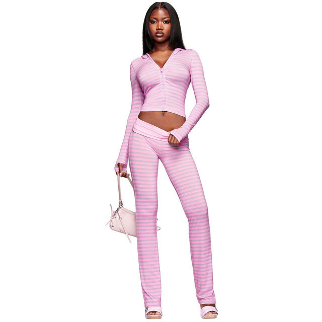 Fashion Striped Hooded Top Casual Pants Suit