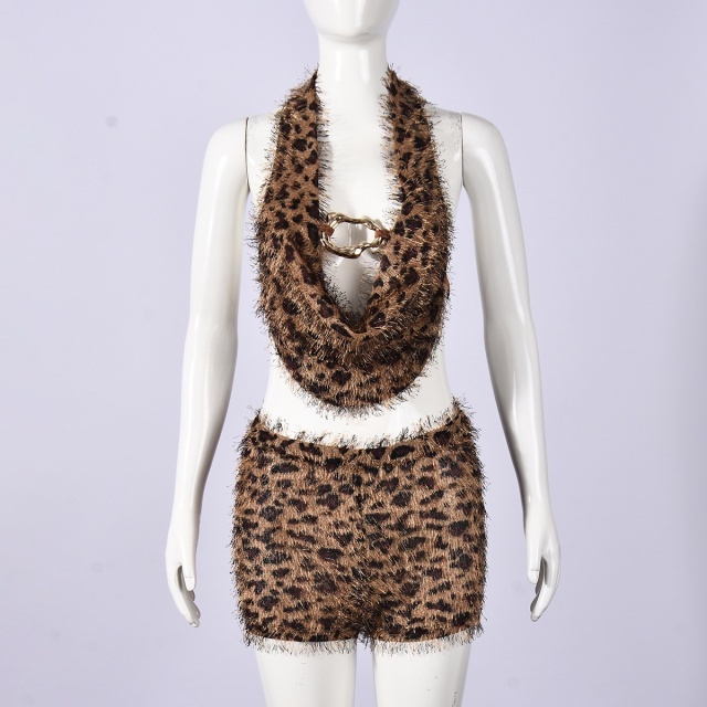 Leopard Tassel Halter Top Short Set