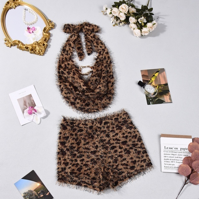 Leopard Tassel Halter Top Short Set