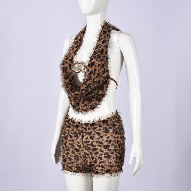 Leopard Tassel Halter Top Short Set