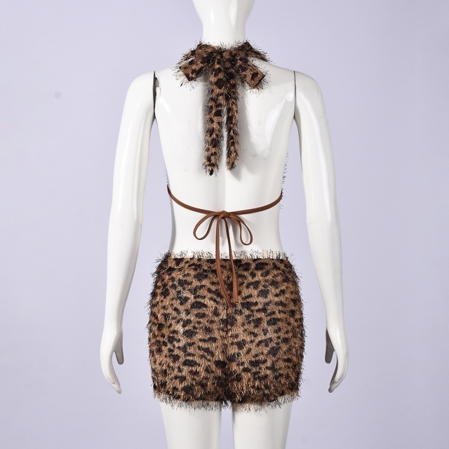 Leopard Tassel Halter Top Short Set