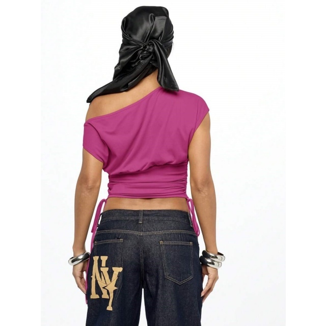 Off Shoulder Letters Printed Drawstring Top
