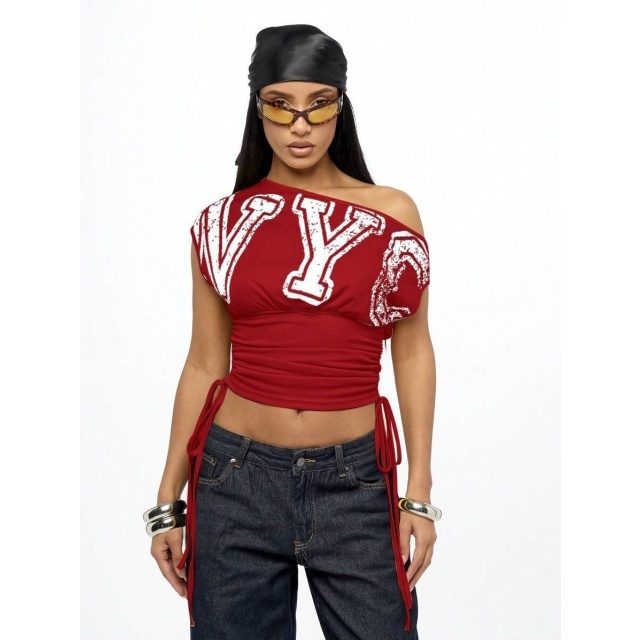 Off Shoulder Letters Printed Drawstring Top