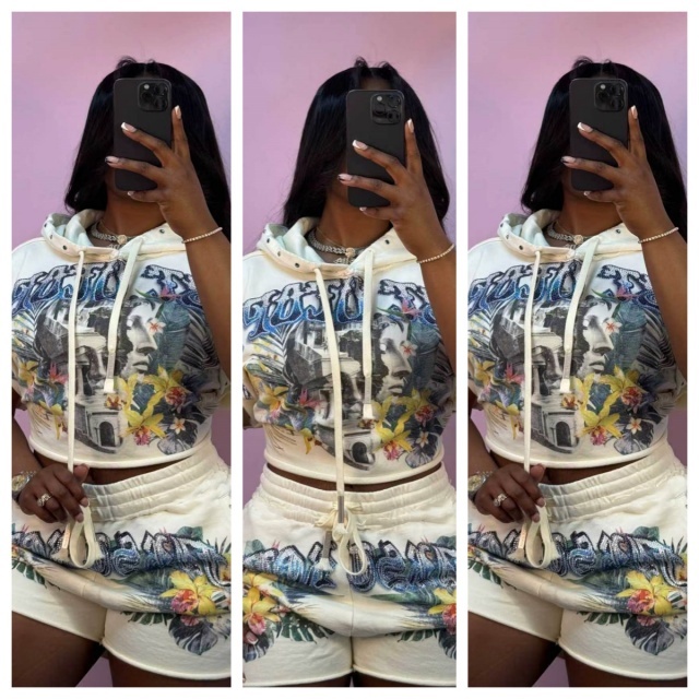 Printed Hooded Crop Top Casual Short Set