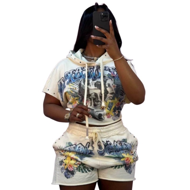 Printed Hooded Crop Top Casual Short Set