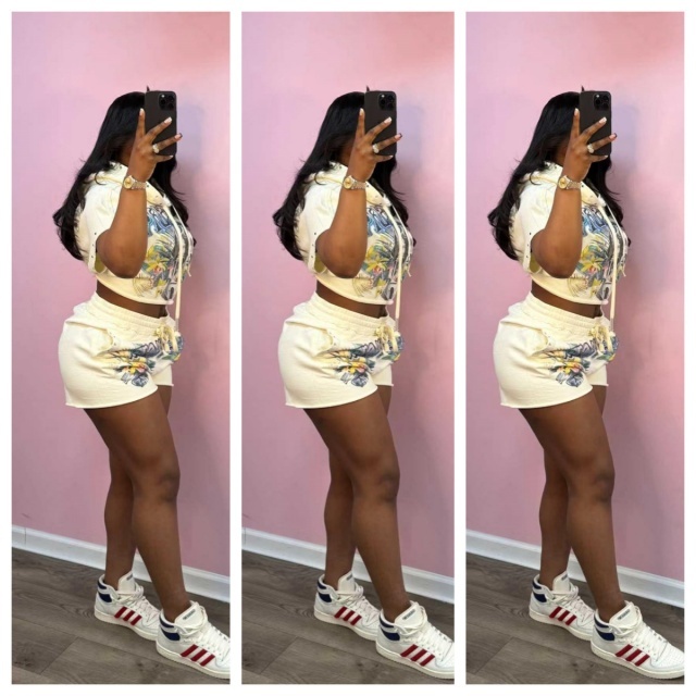 Printed Hooded Crop Top Casual Short Set