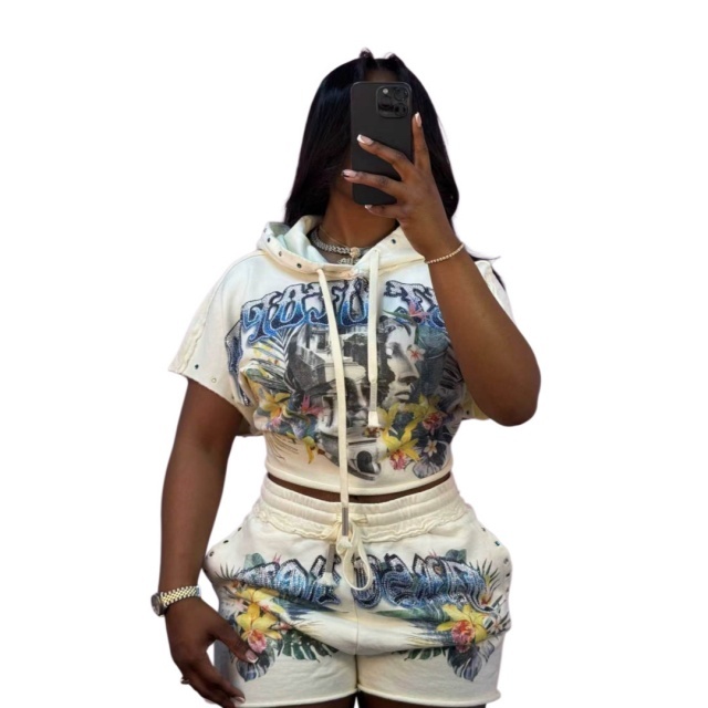 Printed Hooded Crop Top Casual Short Set