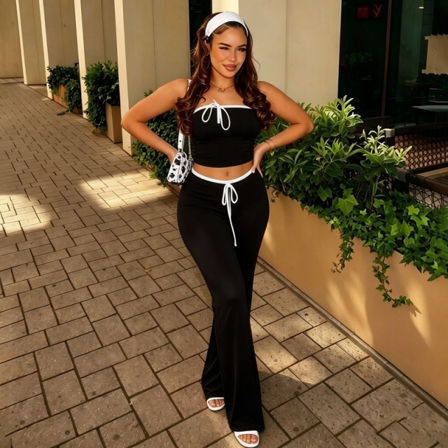 Contrast Color Tube Top Flare Pant Set