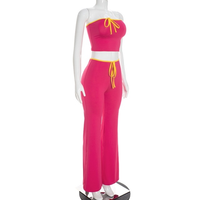 Contrast Color Tube Top Flare Pant Set