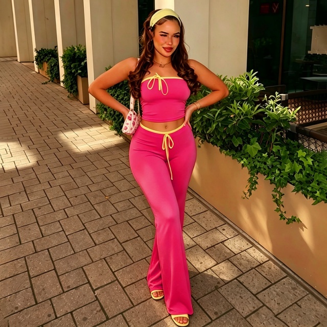Contrast Color Tube Top Flare Pant Set