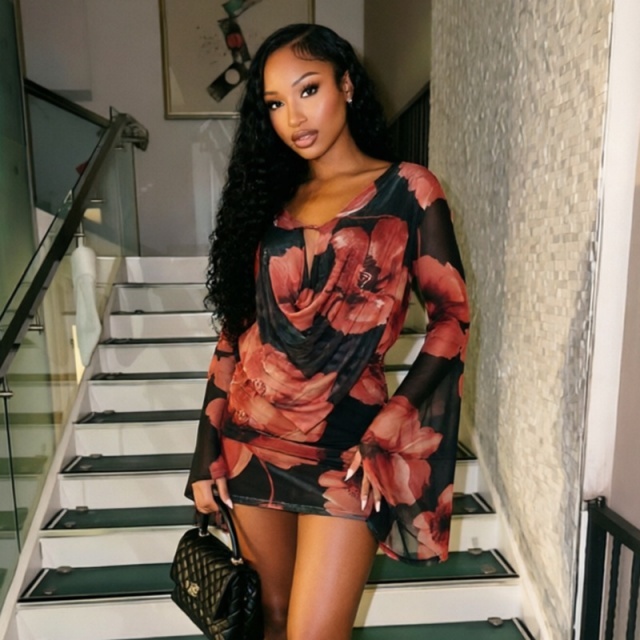 Floral Printed Bell Sleeve Backless Mini Dress