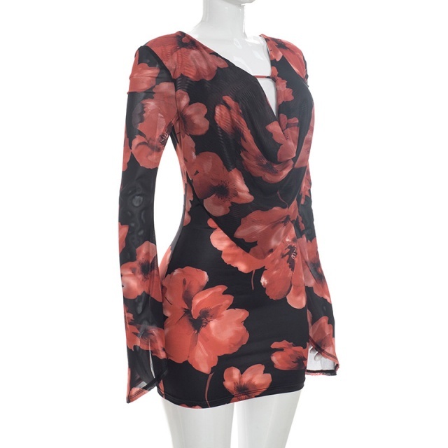 Floral Printed Bell Sleeve Backless Mini Dress