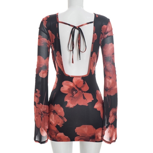 Floral Printed Bell Sleeve Backless Mini Dress