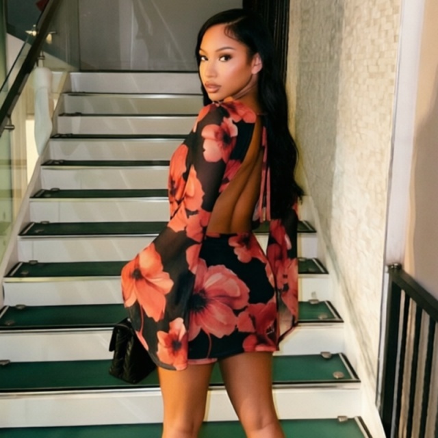Floral Printed Bell Sleeve Backless Mini Dress