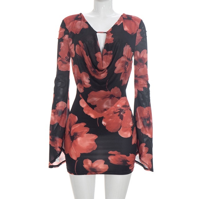 Floral Printed Bell Sleeve Backless Mini Dress