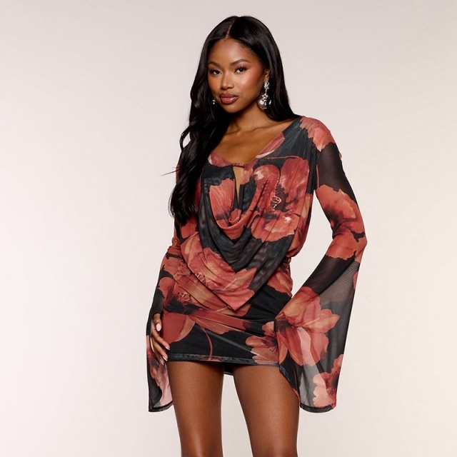 Floral Printed Bell Sleeve Backless Mini Dress
