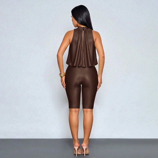 Halter Neck Sleeveless Pleated High-waisted Fitted Romper