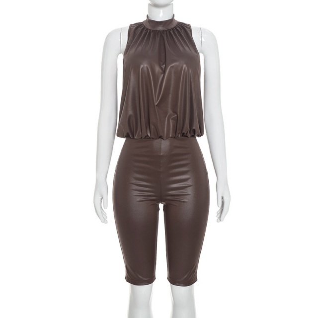 Halter Neck Sleeveless Pleated High-waisted Fitted Romper