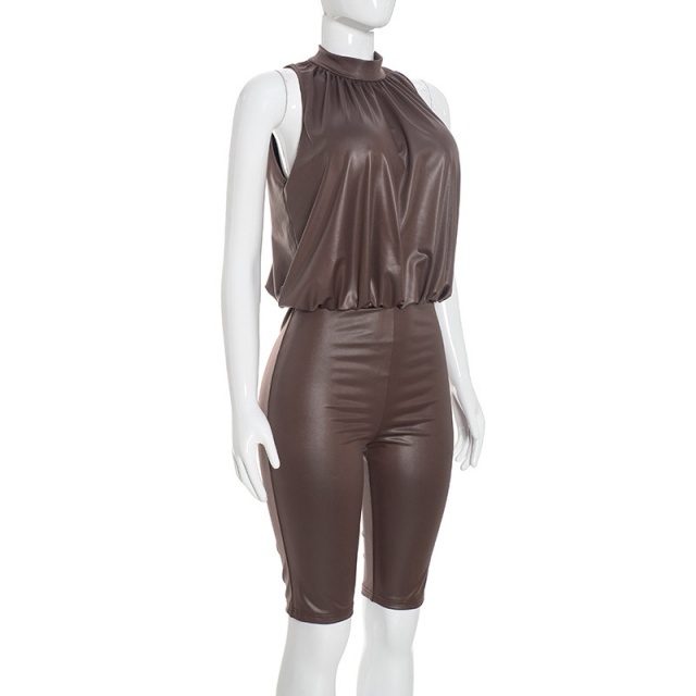 Halter Neck Sleeveless Pleated High-waisted Fitted Romper