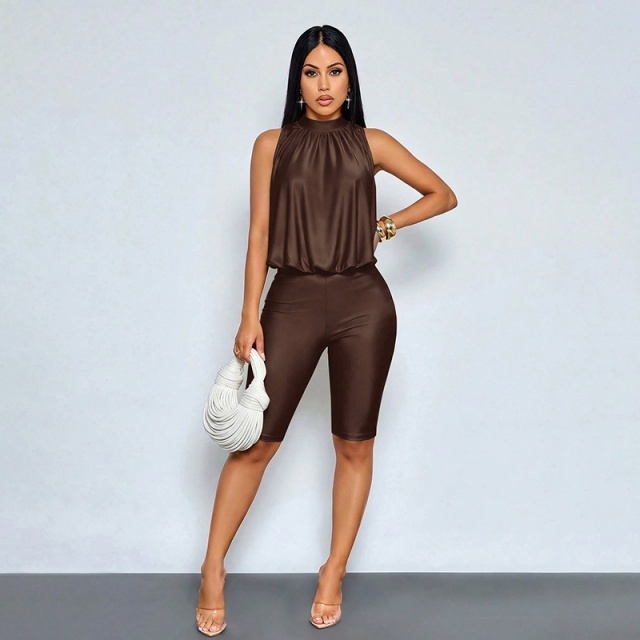 Halter Neck Sleeveless Pleated High-waisted Fitted Romper