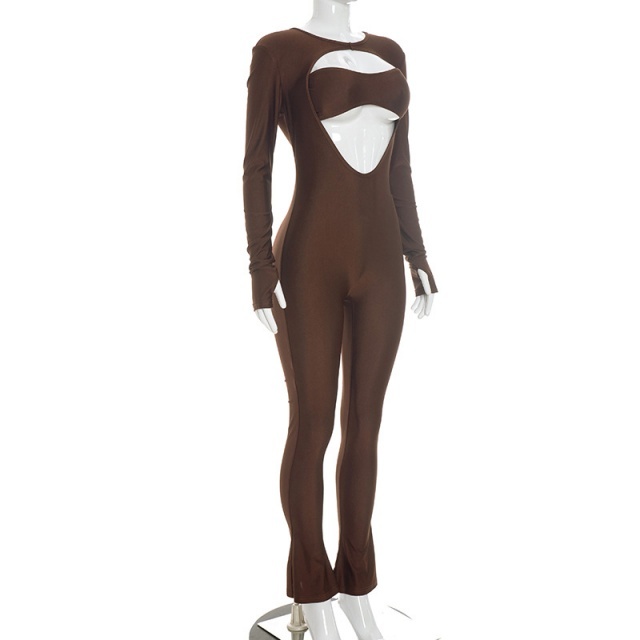 Long Sleeve Hollow Out Fitted Jumpsuit