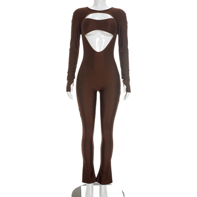 Long Sleeve Hollow Out Fitted Jumpsuit
