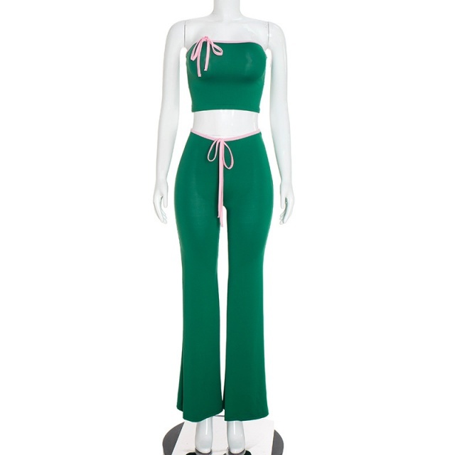 Contrast Color Tube Top Flare Pant Set