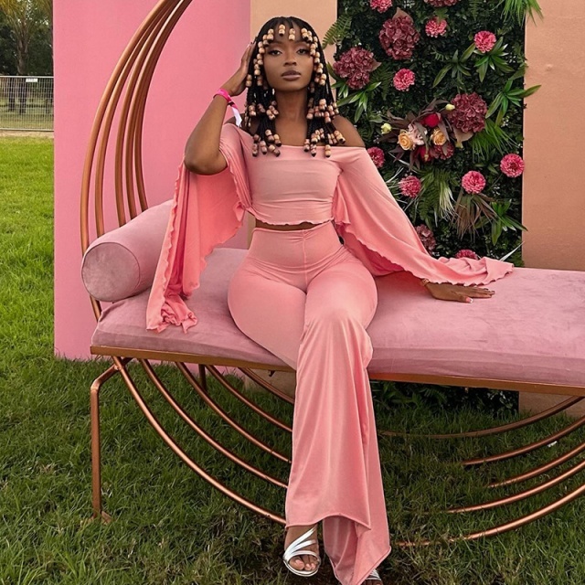 Off Shoulder Cropped Top High-waisted Flared Pant Set