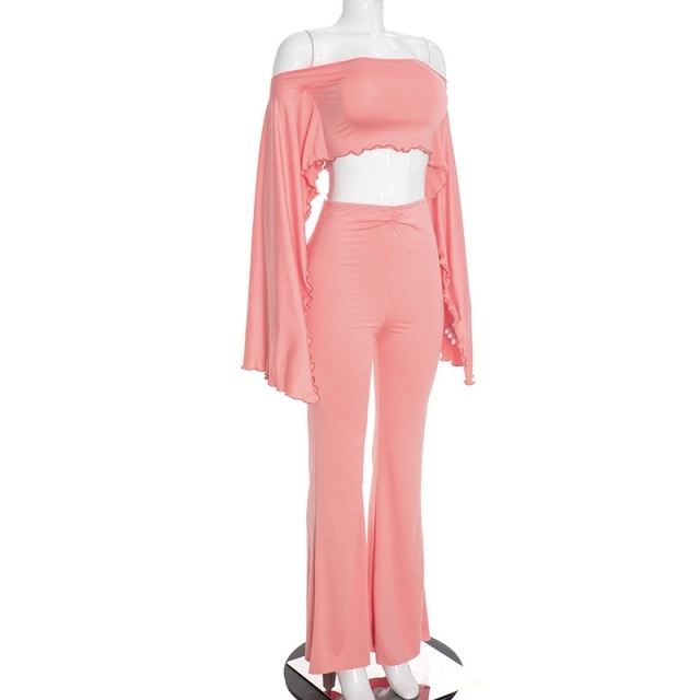 Off Shoulder Cropped Top High-waisted Flared Pant Set