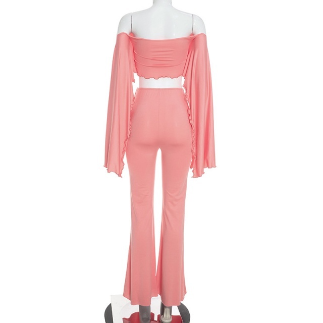 Off Shoulder Cropped Top High-waisted Flared Pant Set