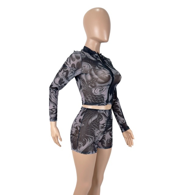 Printed Long Sleeve Zipper Up Top Mini Short Set