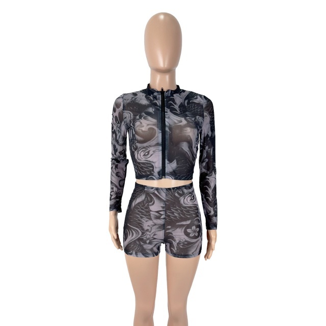 Printed Long Sleeve Zipper Up Top Mini Short Set