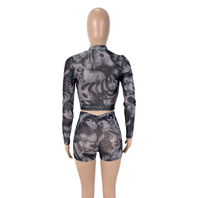Printed Long Sleeve Zipper Up Top Mini Short Set